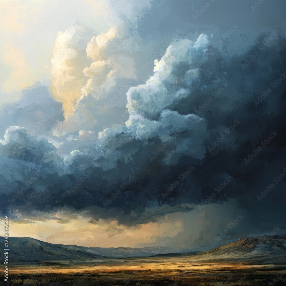 Fototapeta premium Dramatic Sky and Cloudscape Over a Serene Landscape at Dusk with Soft Light and Warm Tones