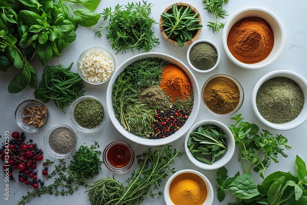 Aerial Perspective of Colorful Herbs and Spices on a Pristine Surface for Healthy Meals and Wellness Aerial Perspective of Colorful Herbs and Spices on a Pristine Surface for Healthy Meals and Wellness