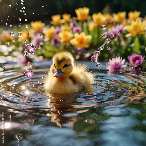 Vibrant ducklings joyfully splashing in crystal-clear pond surrounded by brilliant flowers, embodying playful vivacity and happiness.