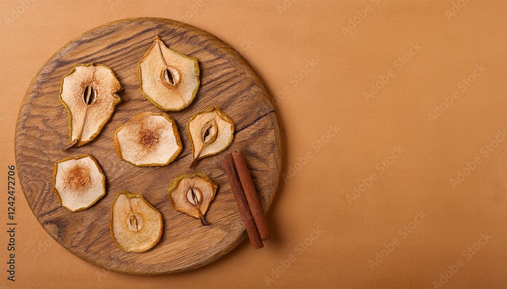 Dried pear slices and cinnamon sticks on a wooden board. Autumn vibes! Dried pear slices and cinnamon sticks on a wooden board. Autumn vibes!