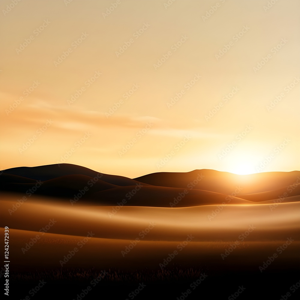 Golden Desert Sunset Landscape with Misty Mountains Golden Desert Sunset Landscape with Misty Mountains