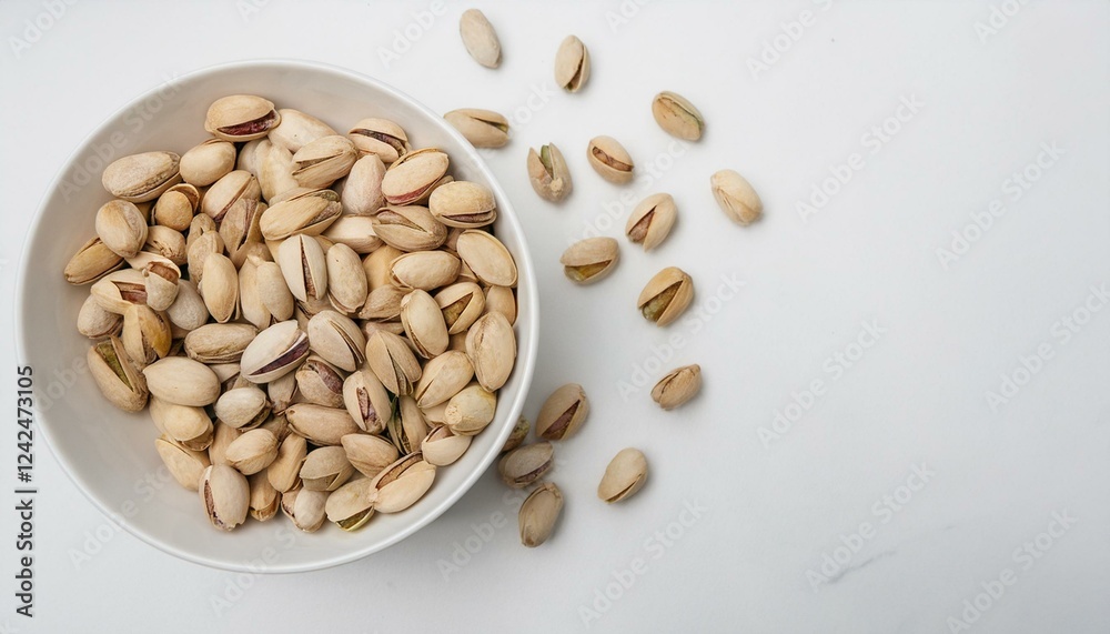 A bowl of pistachios, scattered on a white background. Healthy snack. A bowl of pistachios, scattered on a white background. Healthy snack.