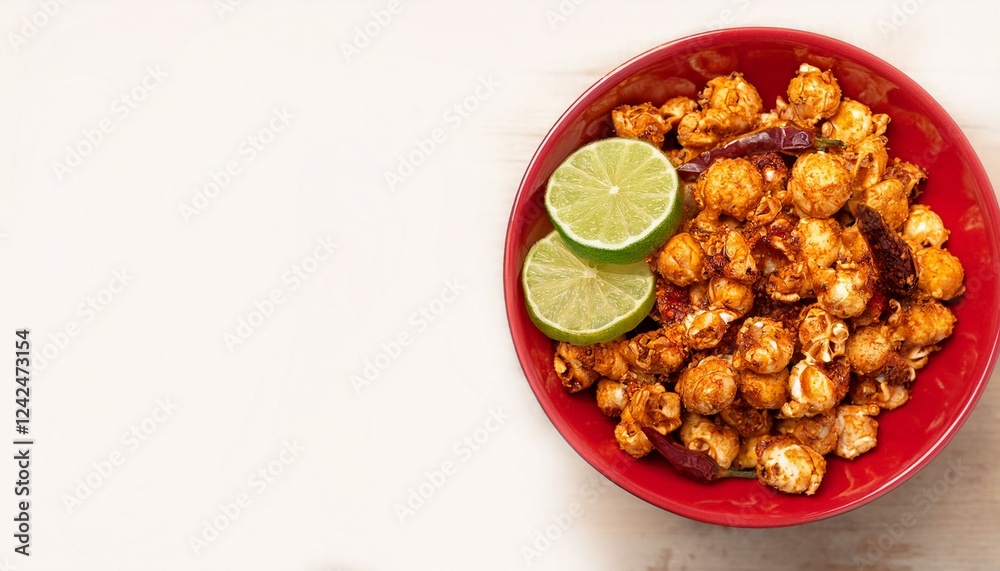 Spicy popcorn with lime wedges in a red bowl. A delicious and flavorful snack. Spicy popcorn with lime wedges in a red bowl. A delicious and flavorful snack.