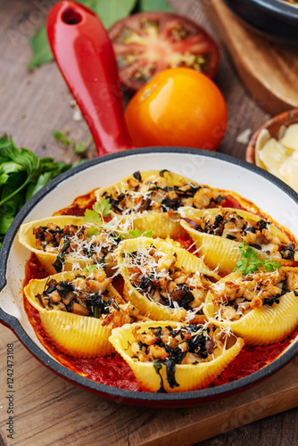 Close-up of stuffed pasta shells baked in tomato sauce with cheese. photo