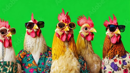 Funky Chickens in Sunglasses: A group of chickens dressed in Hawaiian shirts and sunglasses, exude a carefree and fun-loving attitude.