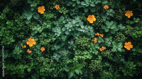 Fototapeta Naklejka Na Ścianę i Meble -  Orange flowers blooming in lush green garden wall background