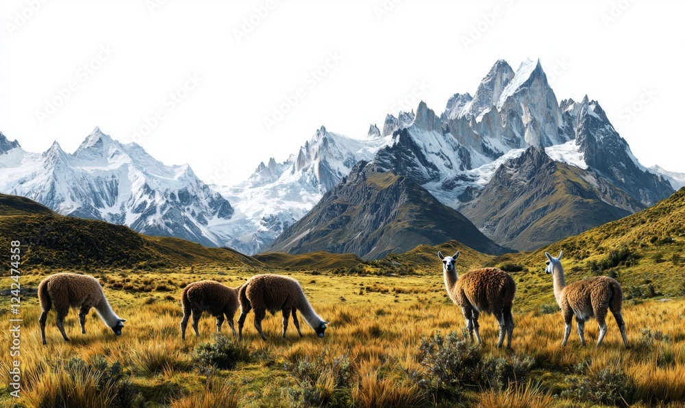 Fototapeta premium Majestic Llamas Grazing in Scenic Mountain Landscape under Bright Sky in Patagonia