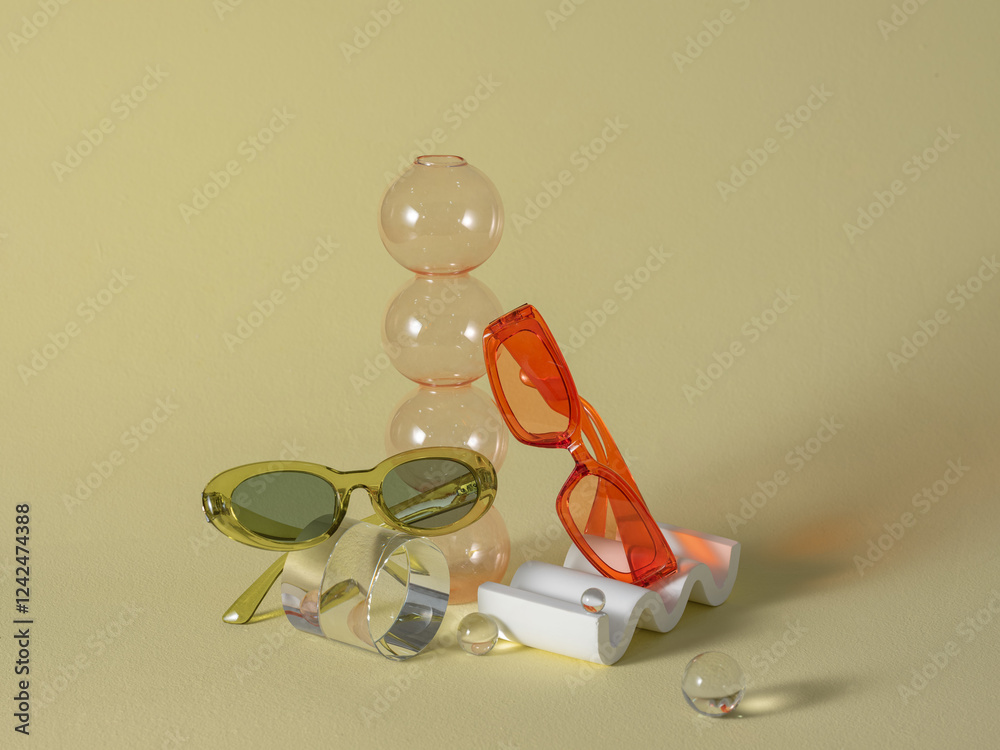 Colorful sunglasses and geometric glass objects arranged Colorful sunglasses and geometric glass objects arranged