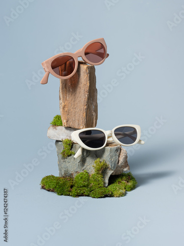 A pair of fashionable sunglasses displayed creatively on rocks photo