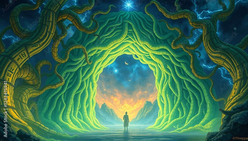 Obraz premium Living Tendril Archway with Shifting Runes and Magical Energy – A massive organic gateway pulsating with light, reacting to the viewer’s thoughts, leading to a timeless realm