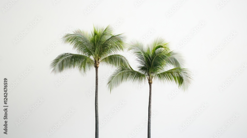 Obraz premium Two palm trees against a cloudy sky; tropical vacation background