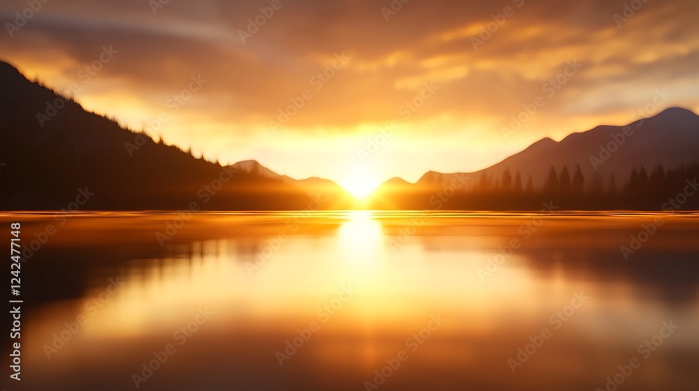 Fototapeta premium Golden Sunset Over Calm Mountain Lake