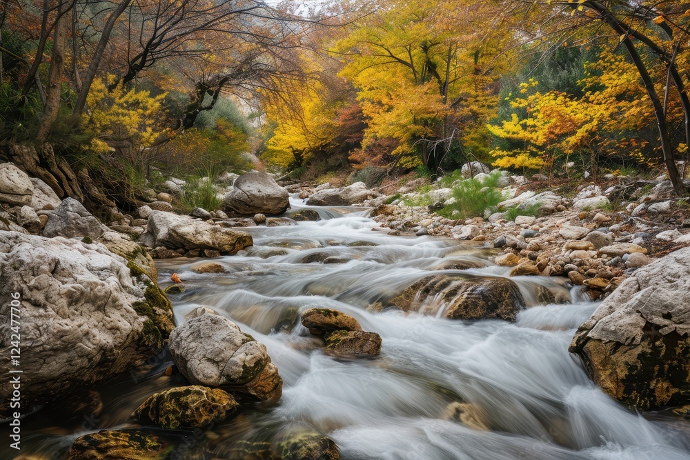 Autumn Landscape with Blooming Trees and Tranquil River Flow Autumn Landscape with Blooming Trees and Tranquil River Flow