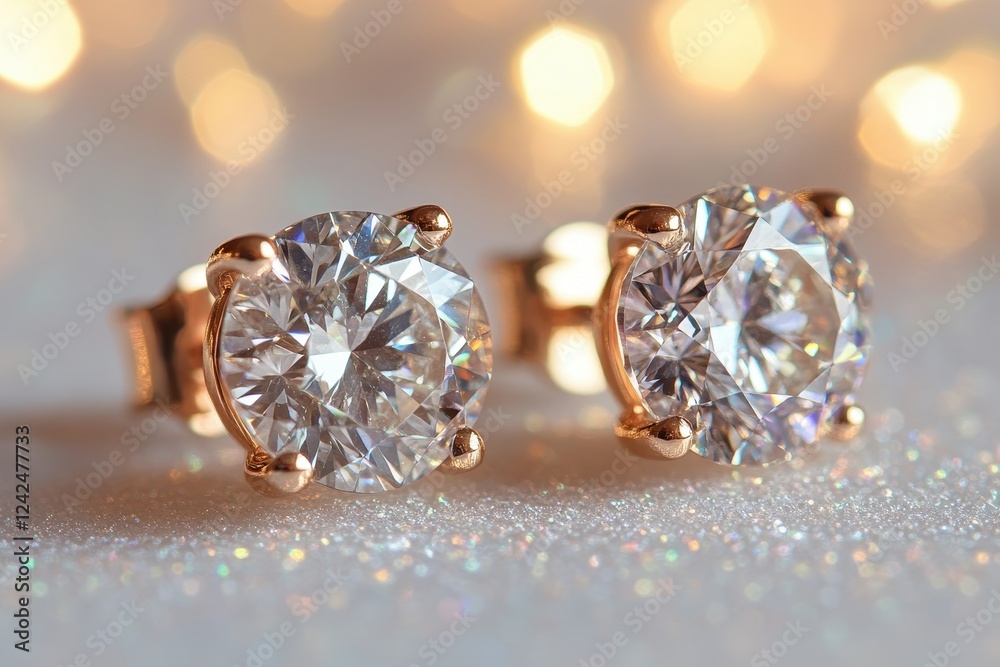 Fototapeta premium Rose gold stud earrings with sparkling diamonds. Perfect for luxury jewelry, fashion, and wedding websites.
