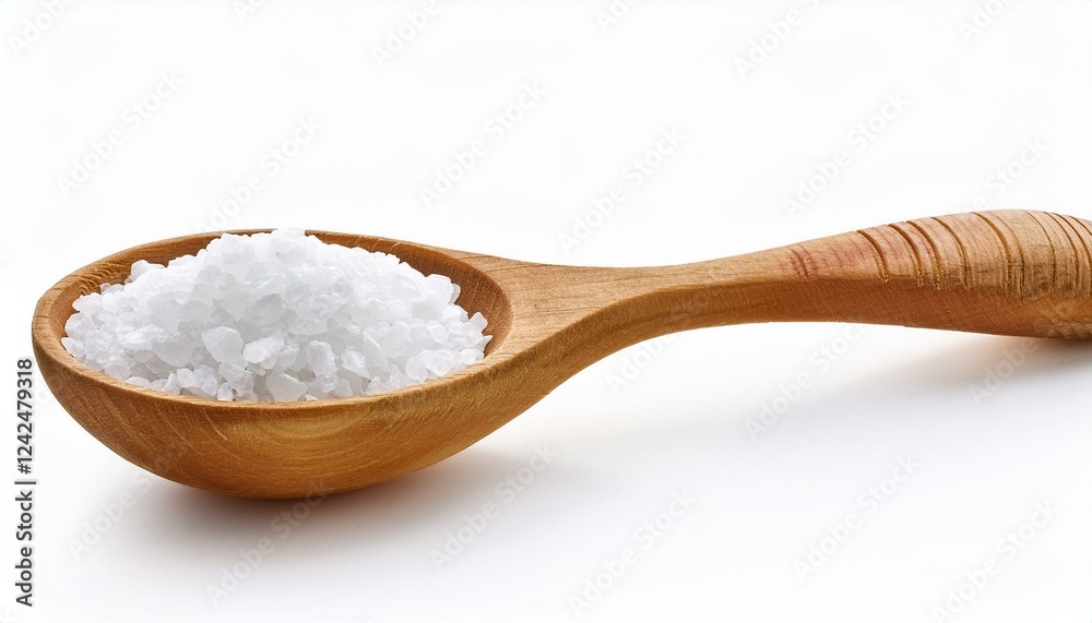Sea salt in a wooden spoon. Wooden spoon with salt isolated white background Sea salt in a wooden spoon. Wooden spoon with salt isolated white background