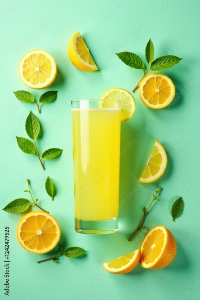 Fototapeta premium Refreshing citrus beverage in a tall glass, surrounded by juicy lemon and lime slices and vibrant green leaves on a pastel background