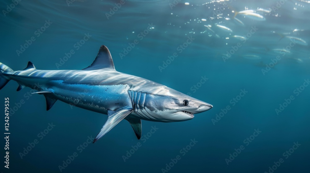 Fototapeta premium Mako shark gliding gracefully through clear underwater waters