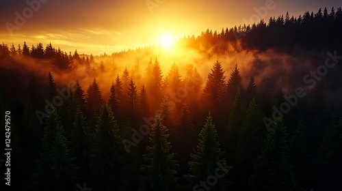 Golden Sunset Over Foggy Mountain Forest