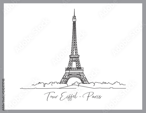 Skyline of the Eiffel Tower. Paris landmark. Illustration in linear style on white background.
