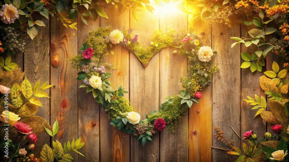 Naklejka premium Heart surrounded by flowers and leaves, with a subtle background texture of a wooden fence