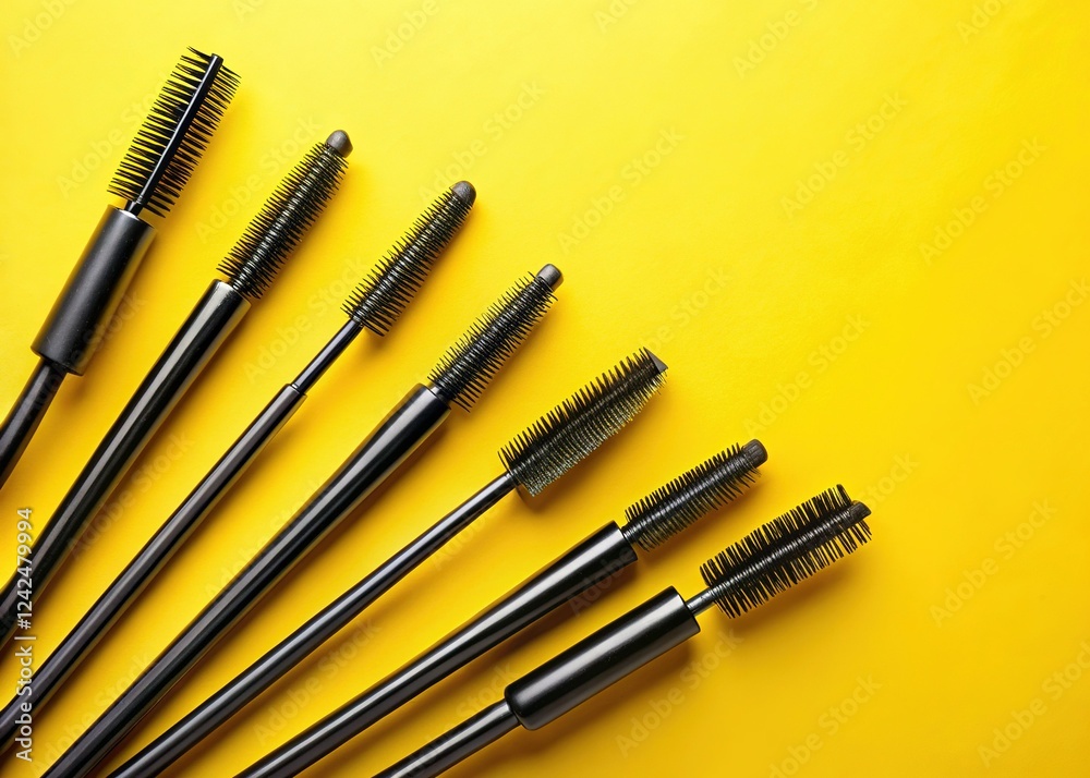 Black Mascara & Eyebrow Brushes on Yellow Background - Beauty Makeup Tools Black Mascara & Eyebrow Brushes on Yellow Background - Beauty Makeup Tools