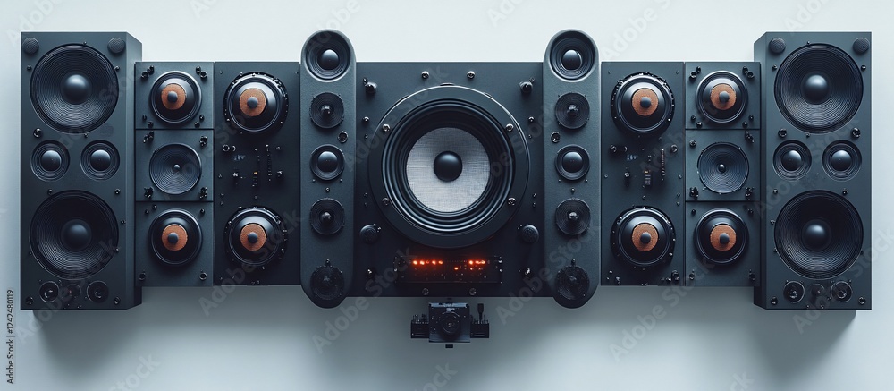 Obraz premium A modern audio speaker system with multiple speakers, showcasing advanced sound technology in a minimalistic setting