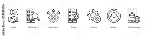 Performance Outline Icon Sheet Loyalty, Online Search, Maintenance, Review, Damage, Recovery, Online Presence