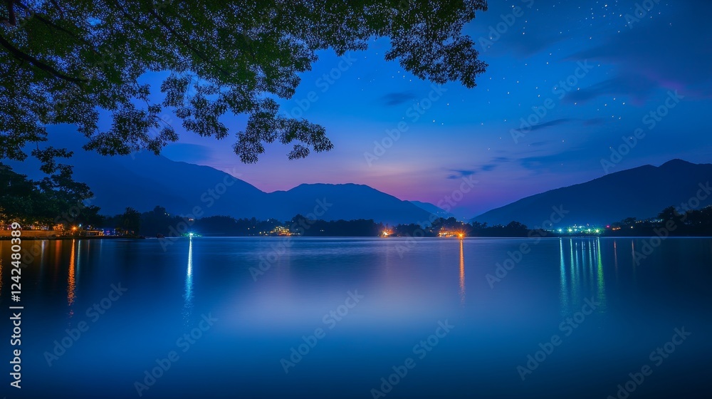 Fototapeta premium Enchanting Night View on Serene Water Body Skyline