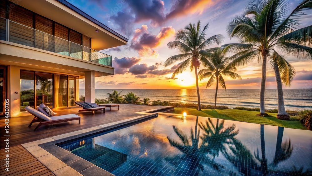 Fototapeta premium Luxury beachside resort villa with private pool and sunset view , palm trees, ocean