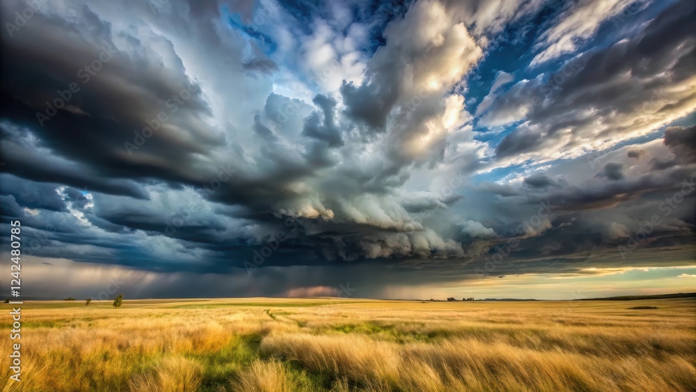 Dark storm clouds gather over a vast open field on a breezy day, with the wind blowing gently through the tall grass Dark storm clouds gather over a vast open field on a breezy day, with the wind blowing gently through the tall grass