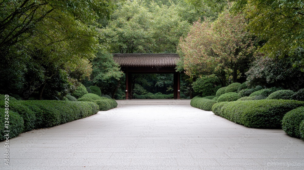 Serene garden path leads to wooden gate, lush greenery background; peaceful landscape Serene garden path leads to wooden gate, lush greenery background; peaceful landscape