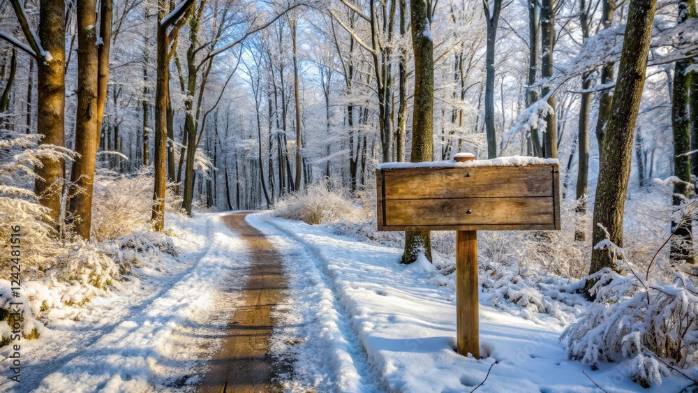 A weathered wooden sign standing alone on a snow-covered forest path, surrounded by bare trees and frosty branches A weathered wooden sign standing alone on a snow-covered forest path, surrounded by bare trees and frosty branches