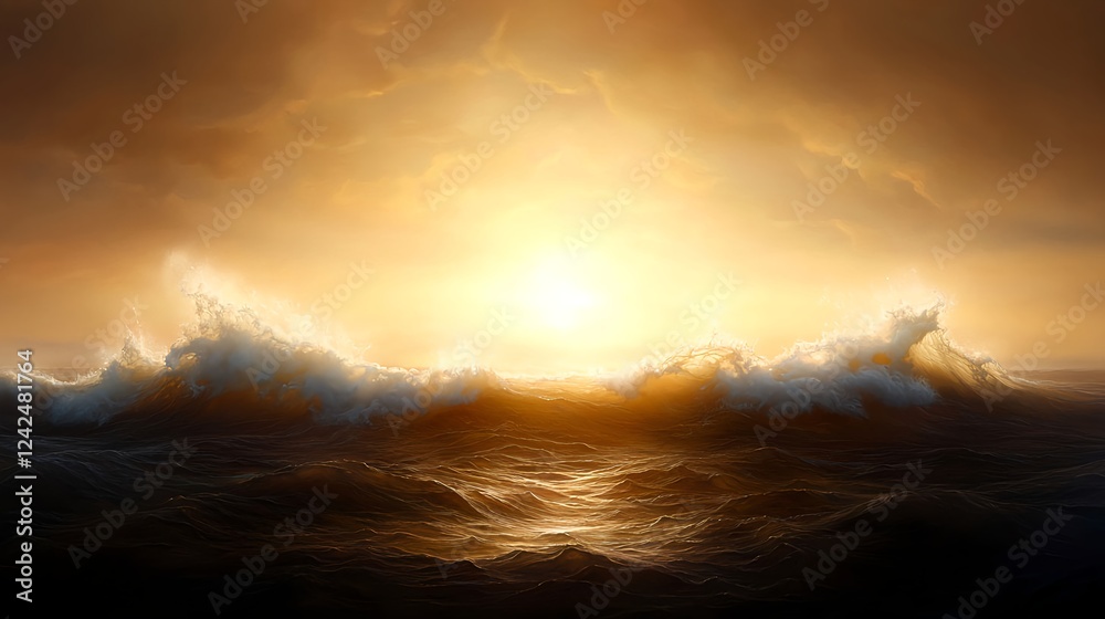 Fototapeta premium Golden Sunset Over Ocean Waves
