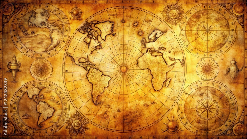 Fototapeta premium Ancient map with yellowed parchment texture and intricate engravings