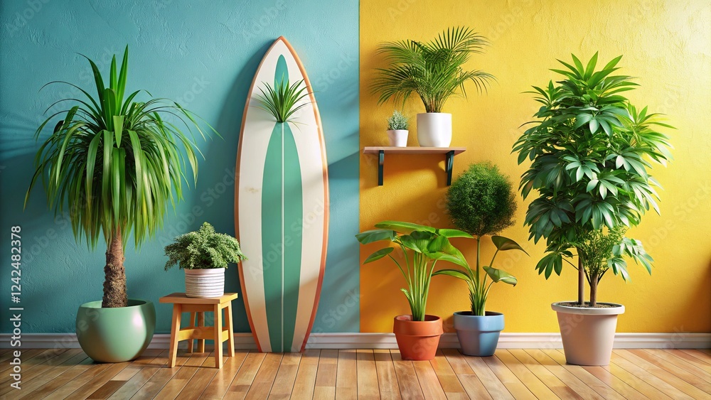 Fototapeta premium Double Exposure: Vibrant Surfboard & Lush Houseplants Against a Colorful Wall