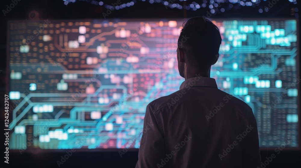 A man observing digital blockchain blocks on a large screen A man observing digital blockchain blocks on a large screen