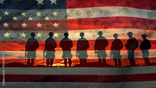 Silhouettes of Service: A powerful and poignant image of soldiers standing in silhouette against a backdrop of an American flag, bathed in the warm glow of the sunset.
