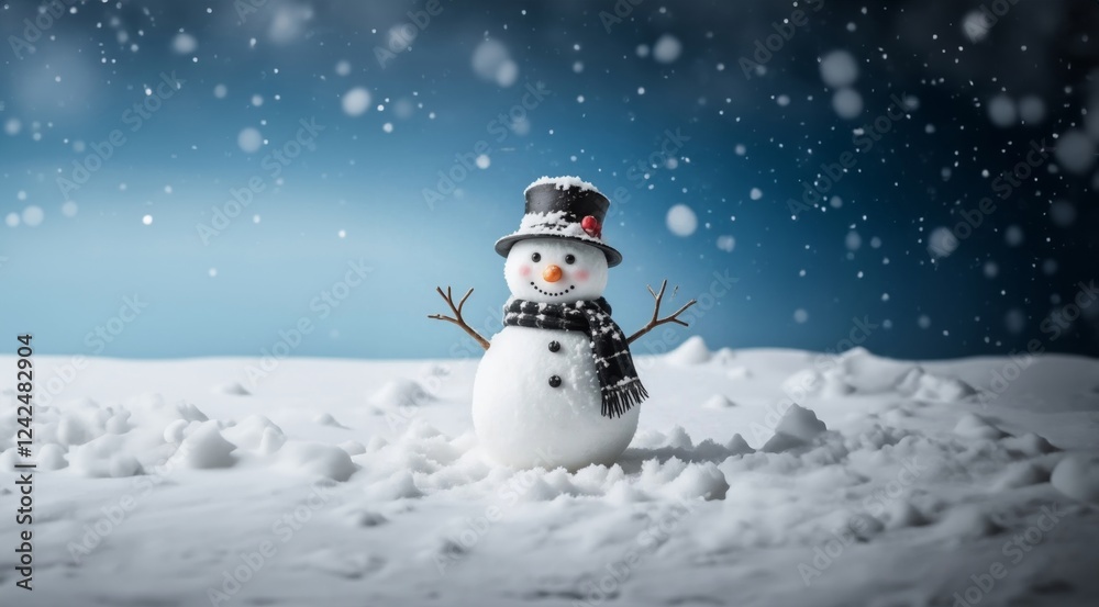 Obraz premium Snowman outdoors on sunny day. Christmas card with Snowman. Merry christmas and happy new year. Snowman on the snowy winter background. Christmas banner. Winter greeting card.