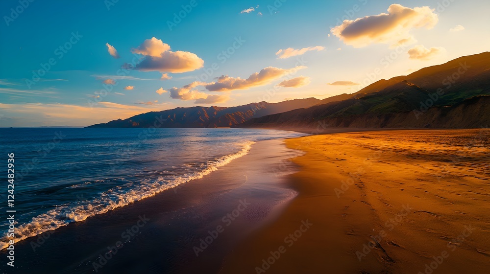 Obraz premium Golden Sunset Over Sandy Beach and Ocean