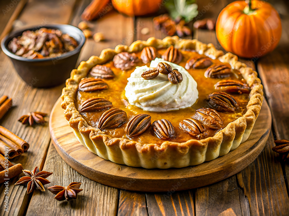 Tasty classic pecan pie with pumpkin puree filling and whipped cream. Delicious dessert food background Tasty classic pecan pie with pumpkin puree filling and whipped cream. Delicious dessert food background