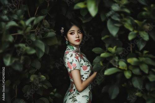 a girl in dress with traditinal chinese patterns, whole body, jade jewelry,new year vibe photo
