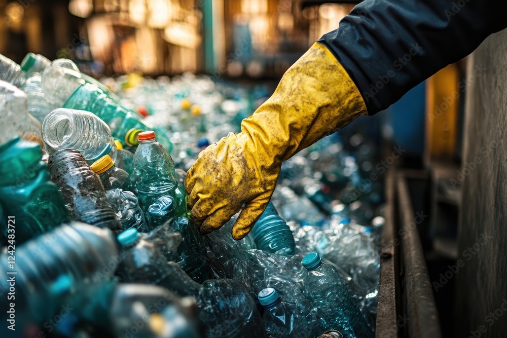 Obraz premium A gloved hand sorts through a pile of used plastic bottles. This image depicts the process of recycling plastic for environmental sustainability.