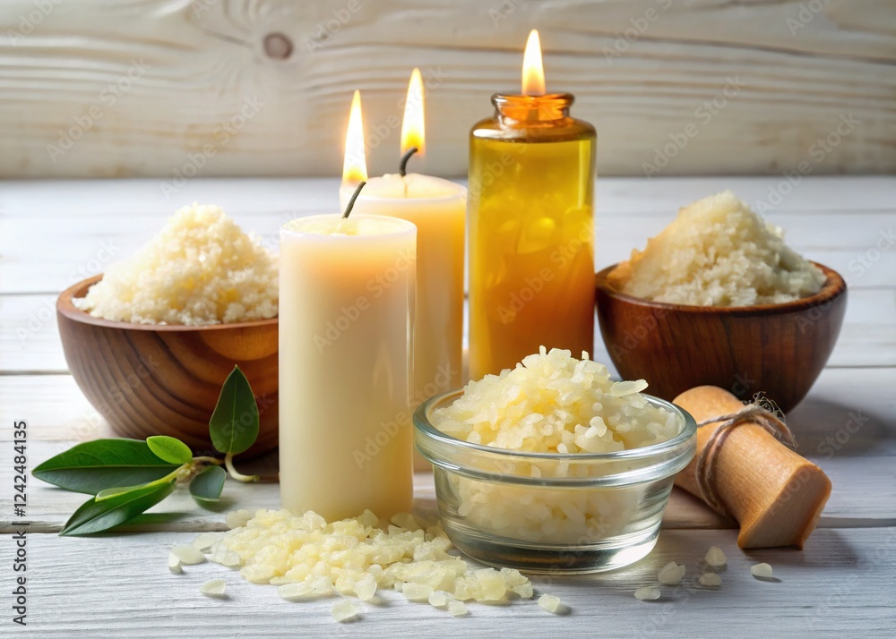 Homemade Candle Making: Wax Flakes, Essential Oils, and Wicks on White
