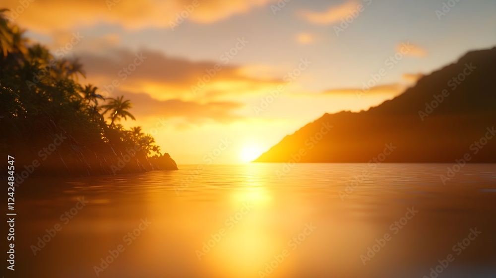 Naklejka premium Golden Sunset Over Tropical Island Beach