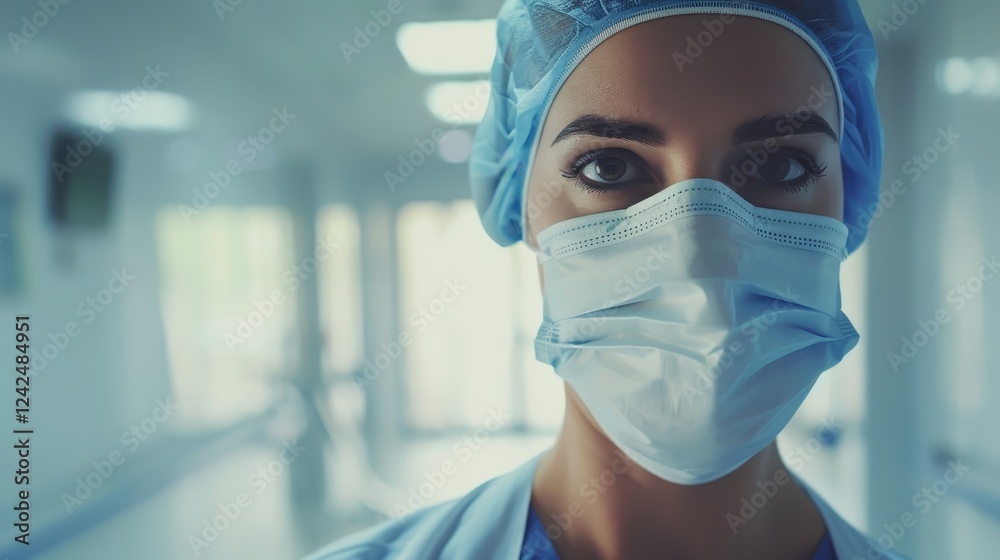 Medical worker in a mask promotes safety and care in clinic Medical worker in a mask promotes safety and care in clinic
