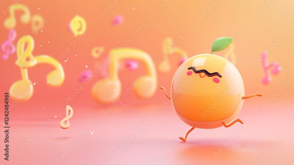 Peach character dancing with musical notes around Peach character dancing with musical notes around