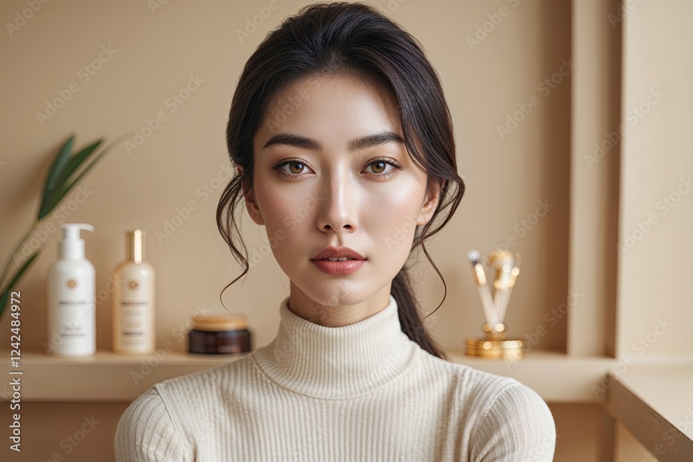 Beautiful Young Asian Woman with Radiant Skin in Serene Beige Setting Highlighting Skin Health and Spa Treatments Beautiful Young Asian Woman with Radiant Skin in Serene Beige Setting Highlighting Skin Health and Spa Treatments