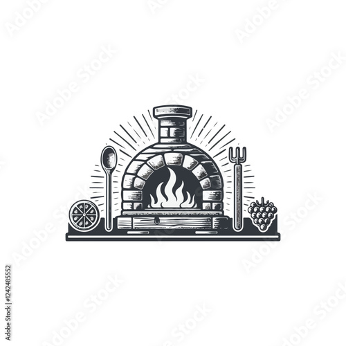 Vintage monochrome wood-fired pizza oven logo vector illustration