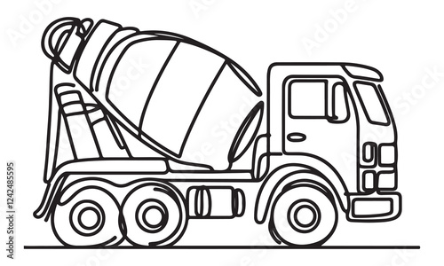 continuous one single black line art doodle drawing of cement mixer truck illustration on white background