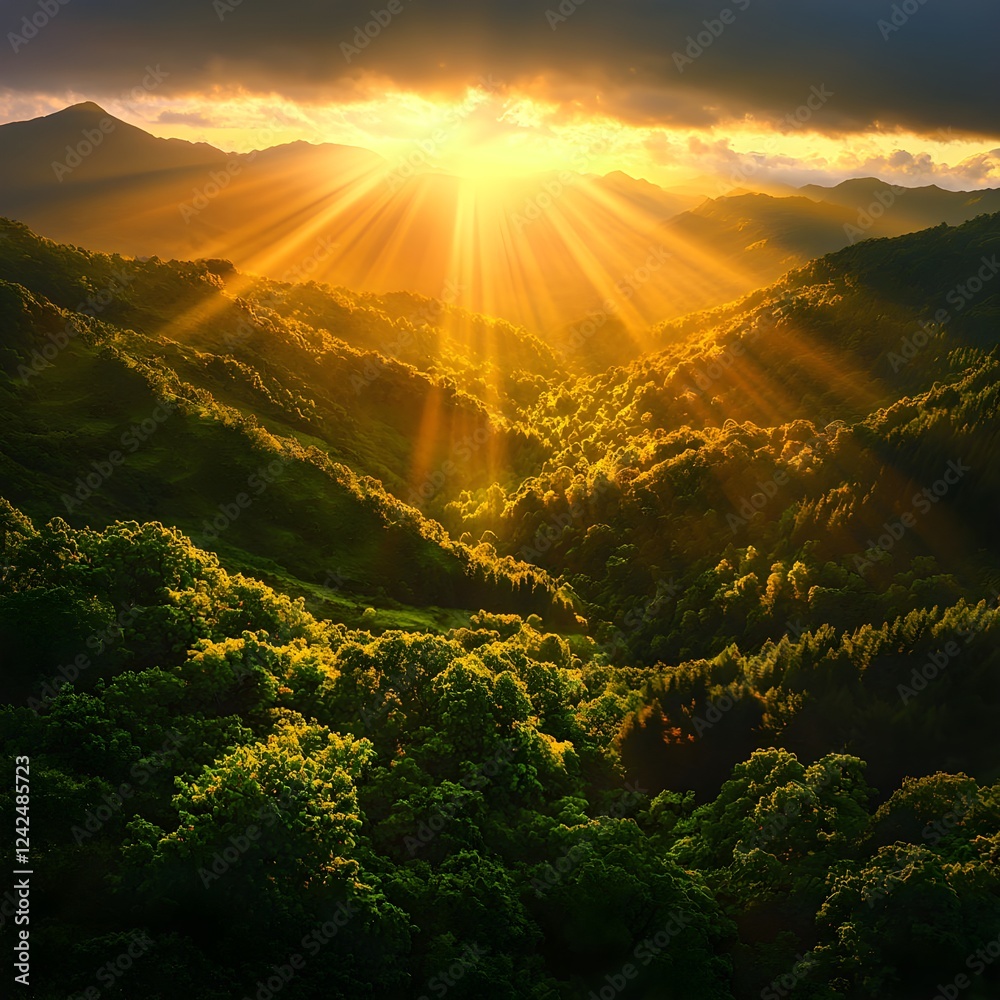 Obraz premium Golden Sunset Rays Over Lush Green Mountains